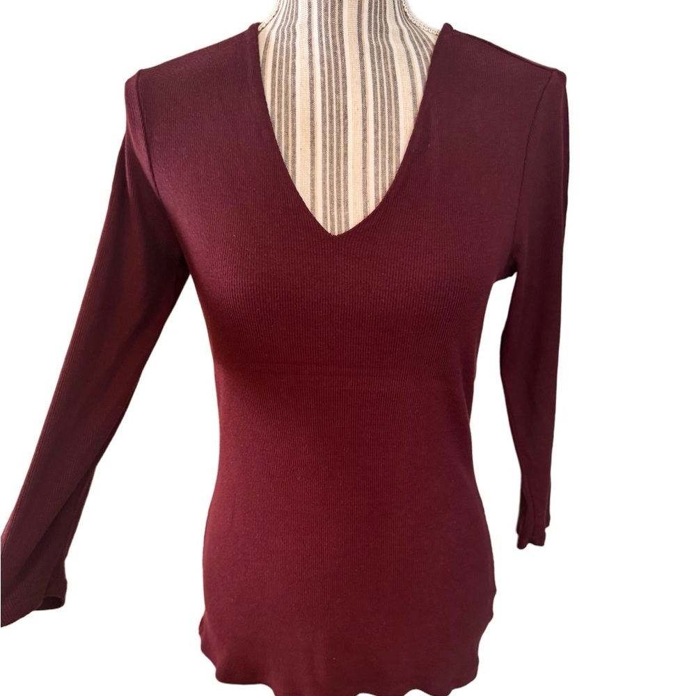 INC International Concepts Deep V-Neck 3/4 Sleeve Top Wine color size large